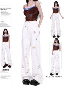 Quần Jeans Denim Ống Rộng Cạp Cao MZVZ Cho Nữ Mùa Hè Thiết Kế Rộng Thẳng Dài Đến Sàn Thêu Màu Trắng Quần Jeans Nữ