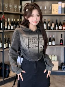 GUZILIAN | Retro Gradient Hoodie Womens Autumn Winter New Fashionable 3D Print Drawstring Top American Style Long Sleeve Short Length