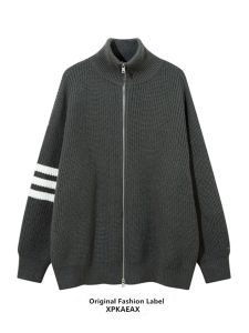Three Bars Zipper Knitted Sweater Jacket Mens Fashionable Warm Stand Collar Autumn Winter New Style Youth Popular Loose Fit Cardigan