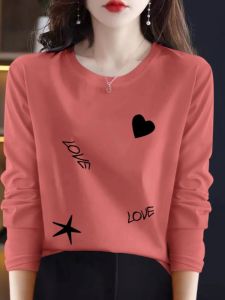 Pure Cotton Long Sleeves T-Shirt Womens Spring and Autumn Korean Style New Slim Looking Inner Bottoming Shirt Outdoor All-Matching round Neck Print Tops