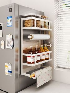 Modern Minimalist Magnetic Refrigerator Storage Rack Towel Holder Side Wall Mounted Metal Shelf Rust Proof Kitchen Organizer
