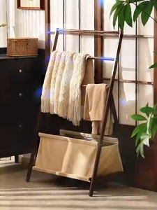 Foldable Floor-Standing Coat Rack with Laundry Basket Simple Wardrobe Floor Hanger Clothing Rack Multi-function Clothes Hanger Triangle for Living Room Bedroom Bathroom