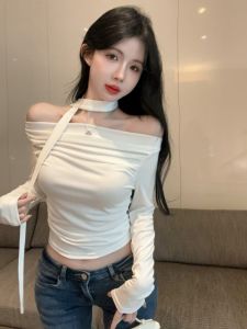 GUZILIAN | American Style Long Sleeve T-Shirt Womens Slim Fit Collar Short Top Pure Color Commute Style Autumn Fashion Shoulder Bared