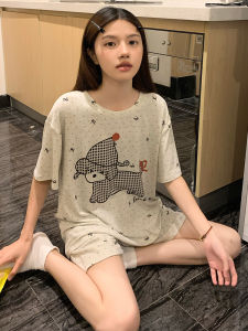 ชุดนอนแขนสั้นคอกลมลายการ์ตูนน่ารักสำหรับผู้หญิงในช่วงฤดูร้อน ชุดนอนแขนสั้นแบบบางสำหรับใส่ไปกลางแจ้งได้ ชุดนอนผ้าโมดอลสำหรับผู้หญิง