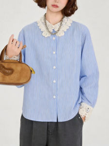 QINGNAER | Light Blue Striped Lace Embroidery Peter Pan Collar Long Sleeve Shirt 2026 Spring Casual Charming Plus Size