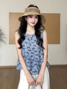 Áo Sơ Mi Không Tay Phong Cách Hàn Quốc Thời Trang Mùa Hè Mới Cho Nữ Thiết Kế Thắt Nút Bướm Viền Tai Nghe Cổ Tròn