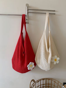 Summer New Large Capacity Woven Beach Bag Knitted Floral Tote Bag Fashion Single Shoulder Commuter Bag Youth Daily Use