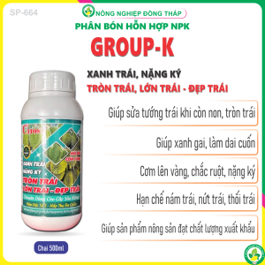 Phân Bón Hỗn Hợp NPK GROUP-K Múi Đều Cơm Vàng Xanh Trái Nặng Ký – Tròn Trái Lớn Trái Đẹp Trái – Chuyên Dùng Cho Cây Sầu Riêng (Chai 500ml)