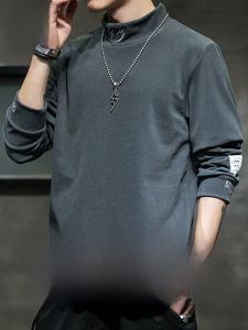 ROMON | Romon Mens Fleece Lined Long Sleeve Half High Collar T-Shirt Autumn Winter New Style Thickened Base Layer Shirt Casual Wear