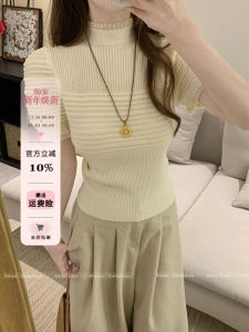 Yellow Lace Splice Short Sleeve T-Shirt Womens Spring Summer Pure Desire BM Style Bubble Sleeve Shoulder Top Miu System