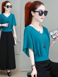 เสื้อเชิ้ตผ้าชีฟองแขนสั้นหลวมๆ สำหรับผู้หญิง ฤดูร้อน 2024 เสื้อเชิ้ตทรงเข้ารูปสไตล์ใหม่ ปกโปโล คอวี ความยาวปกติ