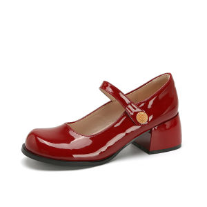 Retro French Mary Jane Single Shoes Spring 2025 New Style Womens round Head Brushed Leather High Gloss Thick Heel Fashionable