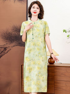 Summer Floral National Style Long Dress Slimming Mom Cotton Silk Qipao New Chinese Style plus Size Big MM Skirt Commute Korean Style Loose Waist Short Sleeve round Neck A-Line Dress