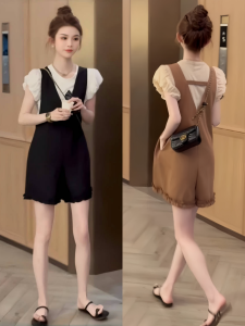 ชุดสองชิ้นแขนพองแฟชั่นฤดูร้อนสำหรับผู้หญิง ชุดเดรสแขนสั้นคอตุ้ม ชุดทำงานสไตล์เกาหลี ชุดทำงานสไตล์เกาหลี