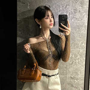 ChiclyNana Style High-End Sensual One-Piece Suit See-through Long Sleeve Sparkling Diamond Tight Fit High-waisted Short Pants