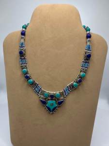 Vintage Tibetan Natural Lapis Lazuli And Turquoise Stone Lovely Rare Brass Necklace
