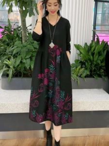 Thanh Lịch Mùa Thu Mới Cỡ Lớn Midi Đầm Dành Cho Các Bà Mẹ Trung Niên Cổ Chữ V Hoa Thêu Che Giấu Bụng Dài Váy