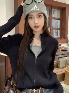 สไตล์อเมริกัน วินเทจ สีดำ ซิป ถัก คาร์ดิเกน เสื้อสเวตเตอร์ เสื้อโค้ท ฤดูใบไม้ร่วง ฤดูหนาว แขนสั้นสลิม เสื้อท่อนบน สําหรับผู้หญิง