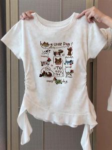 American Cartoon Print Short Sleeve T-Shirt Womens Summer Chic Sweet And Spicy Slim Fit Irregular Small Top Commute Style