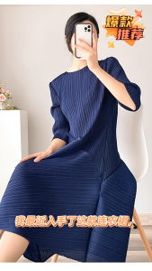 Miyake Women Pleated Half Sleeve Irregular Dress Fashion Round Neck Solid Color A-Line Dresses Party 2024 New Dress Clothing