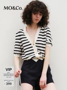 MO&Co. | Vacation Style Retro V-Neck Striped Knit Sweater Short Red