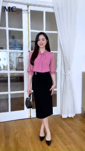 Áo sơ mi nữ tay lỡ cổ nơ đính đa tay đáp tơ chất lụa tằm tuyết màu hồng đỗ 1319