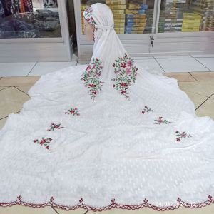 Mukena terusan putih sutra blitz bliz blits sulam ulet bayang handmade simpel cantik