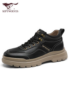 Septwolves Mens High-Top Work Shoes Black Thick Bottom Outdoor Casual Leather Shoes Autumn New Style Leisure Board Shoes