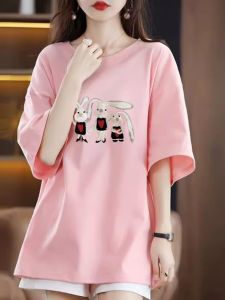 Áo Thun Cotton Tay Ngắn Dáng Rộng Cỡ Lớn Cho Nữ Mùa Hè 2024 Phong Cách Hàn Quốc in Họa Tiết Tròn Dài Vừa Phải