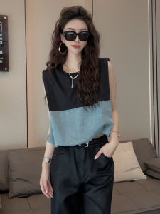 Spring New Style Womens Sleeveless round Neck Denim Patchwork Design Slimming Top Short Length Sweet And Cool Trend