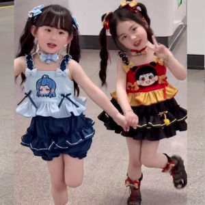 Girls Summer Outfit Cartoon Zhu Bajie Baby Girl Versatile Strap Denim Skirt Trendy Ao Bing Childrens Clothing Set School Style