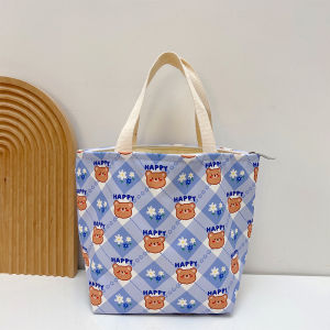 Cute Cartoon Canvas Lunch Box Bag Portable Handheld Waterproof Oilproof Bento Bag for Mommys Work Lunch Storage Organizer