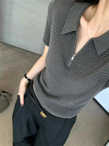 YUANYA | Semi-Zipper Hollow Knitted Short-Sleeve T-Shirt
