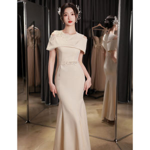 Champagne Color Fish Tail Evening Dress Elegant Lady Host Dress Luxury High End Party Gown Pure Color U Neck Short Sleeve