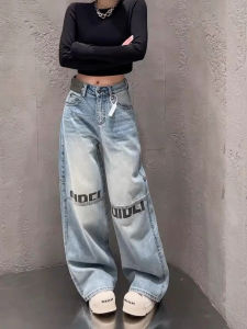 Casual High Waist Wide Leg Jeans Womens Spring New Letter Splicing Design Slimming Versatile Straight Cut Loose Fit Jeans