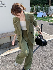 Green Suit Top Bottom Set Womens Casual Style Two-Piece Suit Long Sleeve Button Closure Polyester Fiber Spring Autumn Wear