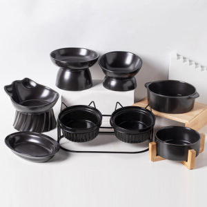 Black Ceramic Cat Bowl Double Bowl Dog Bowl Slanted Mouth Maine Coon Cat Water Drinking Bowl with Wooden Stand Anti-Flip Pet