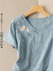 Áo Thun Cotton Lanh Thêu Tay Áo Phong Cách Mới Mùa Xuân Hè Mỏng Cổ Tròn Dáng Rộng Thoải Mái Chất Liệu Khác 100%