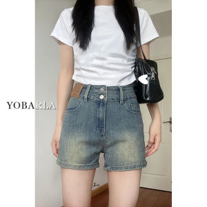 Retro High Waist A-Line Shorts Womens Summer Thin Cotton Elastic Slimming Denim Shorts Casual Washed Standard Fit Blue Jeans