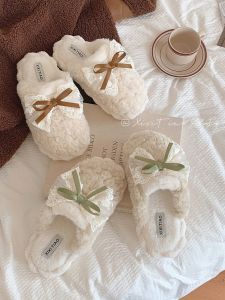 Cute Butterfly Knot Cotton Slippers Indoor Winter Anti-Slip Flat Bottom Plush Home Shoes Women Warm Korean Style Couples
