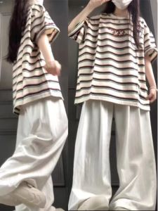 American Retro High Street Stripes Short Sleeve T-Shirt Womens Summer 2024 Loose Design Niche Style Oversize Tops