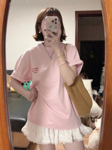 American Style Short Sleeve T-Shirt Womens Loose Fit Pure Cotton Shoulder Length Half Sleeve Summer Top Trendy Brand Pink