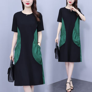 ชุดเดรสยาวปานกลางทรงเอสไตล์เกาหลีแฟชั่นฤดูร้อนปี 2023 ผ้าโพลีเอสเตอร์แขนสั้นเข้ารูปเอวหลวมสไตล์เกาหลีสำหรับผู้หญิงวัย 40-49 ปี