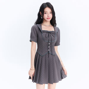 French Style Square Collar Polka Dot Ribbon Waist Cinching Short Dress Small Size Women Summer New Arrival One Piece Dress
