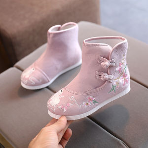 รองเท้าปักลายเด็กแบบใหม่รองเท้าใส่กับชุดฮั่นฝูสไตล์ชนเผ่าสำหรับเด็กผู้หญิงรองเท้าผ้าสไตล์ปักกิ่งโบราณแฮนด์เมดพื้นนิ่มกันลื่นแบบเจ้าหญิงสำหรับเด็กเล็ก