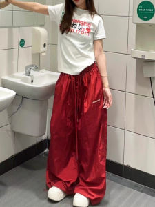 Loose Red Casual Pants High Waist Wide Leg Street Style Jazz Dance Quick Dry Workwear Paratrooper Pants for Women Early Autumn