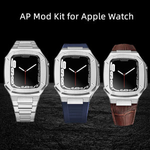 Luxury AP Royal Oaks Modification Kit for Apple Watch Series 9/8/7/SE/6/5/4 Premium 316L Stainless Steel Case Strap Set for Apple i Watch 45mm/44mmLeather Rubber Stainless Steel Watch Band/Cover Mod Kit