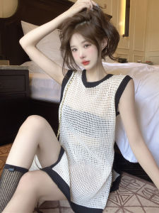 Loose Knitted Vest 2025 Summer round Neck Hollow out Sleeveless Mid-Length Sunshade Cover up Vintage Style Casual Wear