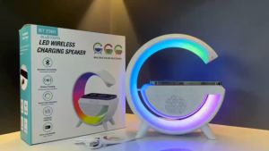 3-in-1 G-Shape RGB Smart Light Night Lamp with Wireless Charger & Bluetooth Speaker Portable Colorful Atmosphere Lamp & FM Radio for Bedroom Office