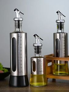 [BENRI] Chai Thủy Tinh Cao Cấp Có Vỏ Bọc Inox Đựng Dầu ăn Gia Vị Chia Vạch Kèm Đầu Rót Thiết Kế Chống Tràn